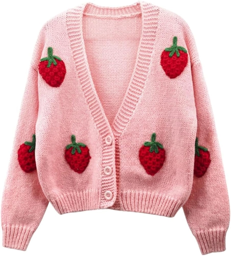 HOULENGS Women's Strawberry Print Button Down Long Sleeve V Neck Crop Cardigan Sweater