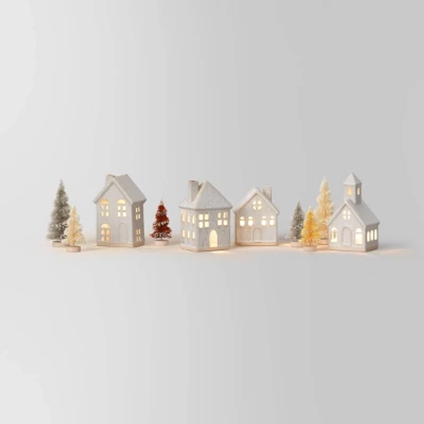 10pc Battery Operated Ceramic Christmas Village Set with Bottle Brush Trees - Wondershop™ White/Tan