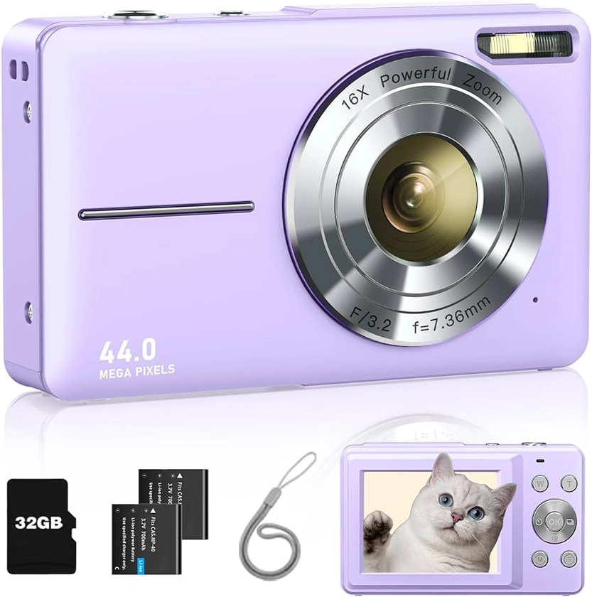 Digital Camera, FHD 1080P Kids Camera with 32GB Card, 2 Batteries, Lanyard, 44MP 16X Zoom Anti Shake, Compact Portable Point Shoot Mini Camera for Kids Teens Students Children Girls Boys(Lilac)