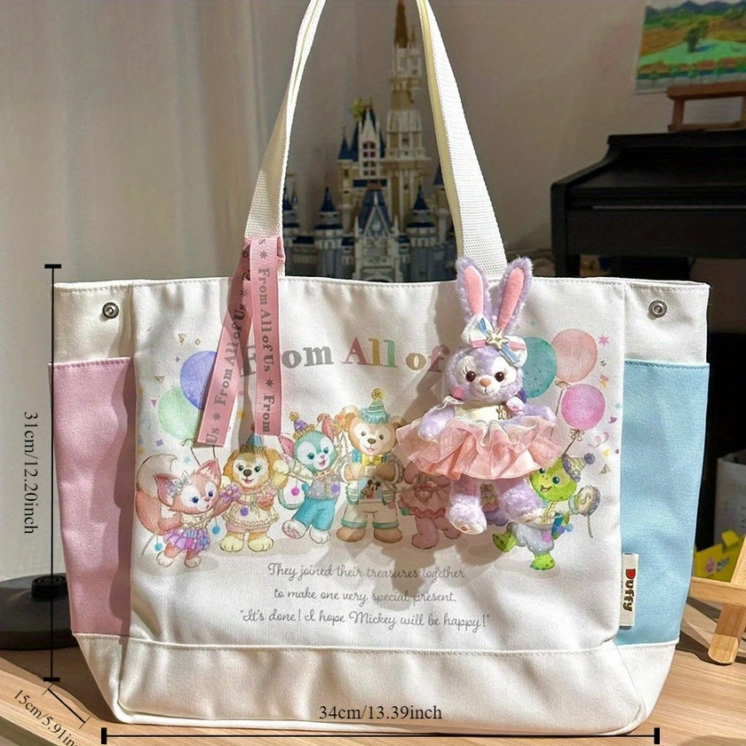 Canvas Tote Bag For Women, Disney Licensed Cartoon Print, Large Capacity, Casual Shoulder Bag, Versatile All-Match Tote