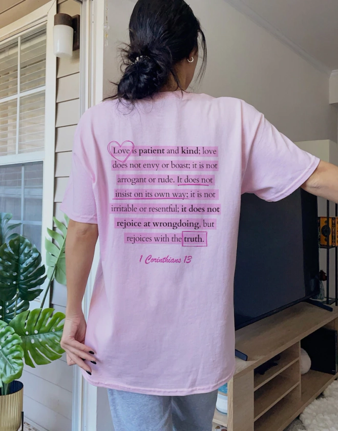 Love Is Patient And Kind Pink Bible Verse Shirt Christian Apparel Faith Tee Religious Quote Christian Gift Kindness Shirt Aesthetic Clothing