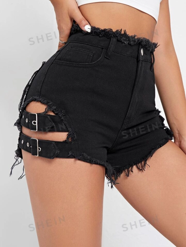 SHEIN Shorts mezclilla con tira bajo crudo