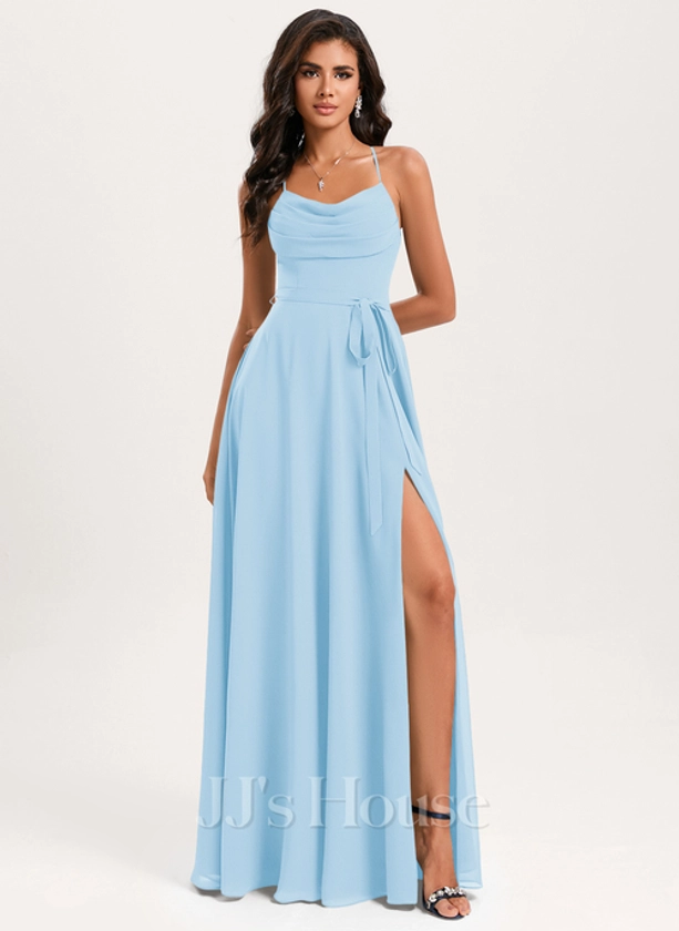 [US$ 89.00] A-line Cowl Floor-Length Chiffon Bridesmaid Dress With Ruffle (007293493)