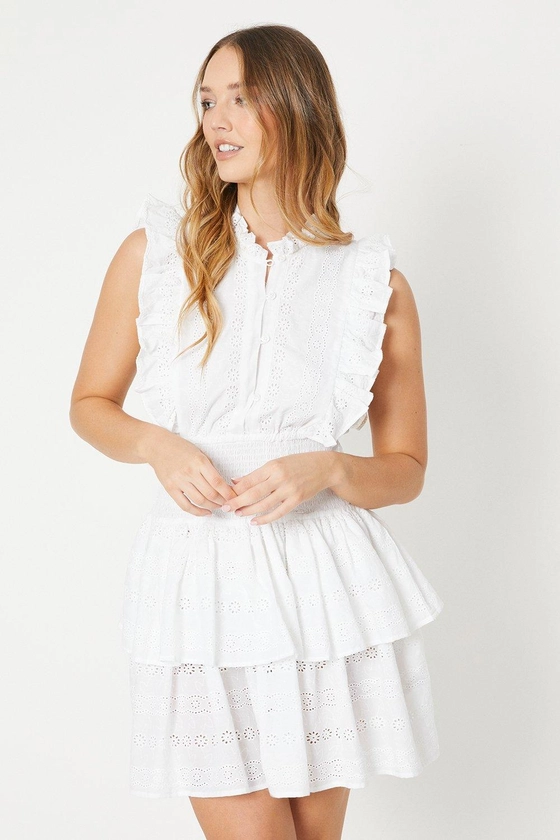 Dresses | Broderie Frill Detail Shirred Waist Mini Dress | Oasis