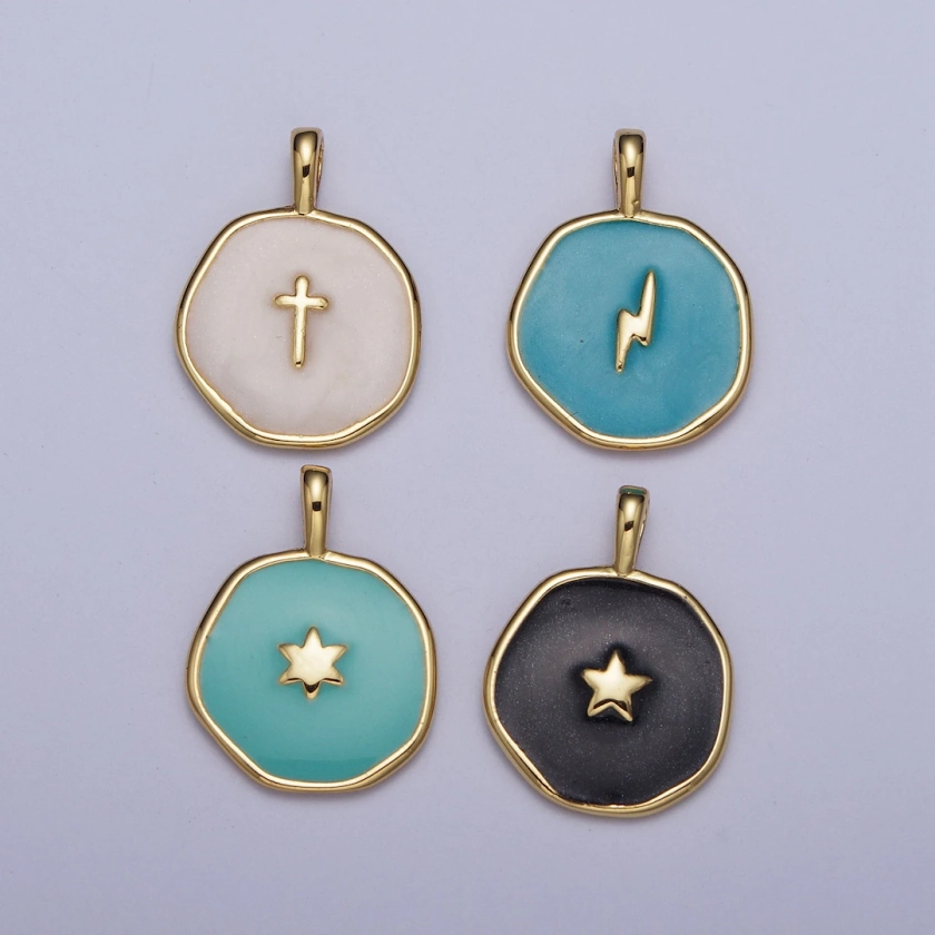 Enamel Gold Celestial Star, Religious Cross, Lightning Bolt Medallion Round Charm for Jewelry Making AG024AG027 - Etsy