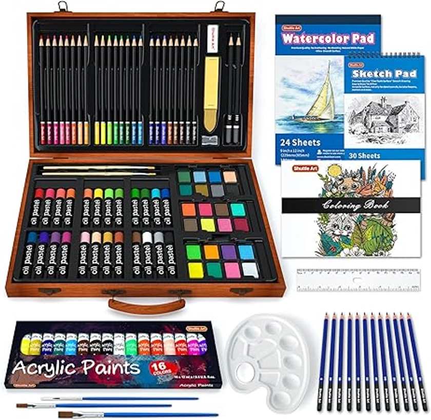 Shuttle Art 118 Piece Deluxe Art Set, Art Supplies in Wooden Case, Painting Drawing Art Kit with Acrylic Paint Pencils Oil Pastels Watercolor Cakes Coloring Book Watercolor Sketch Pad for Kids Adults…