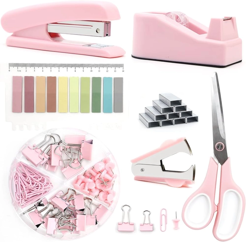 Pink Office Supplies,Pink Desk Accessories, Stapler and Tape Dispenser Set for Women with Stapler, Tape Dispenser, Staple Remover, Staples, Clips, Scissor and Tabs,Gift for Students, Coworkers… : Amazon.co.uk: Stationery & Office Supplies