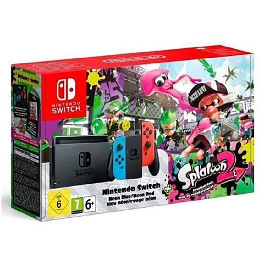 console Nintendo Switch (avec un Joy-Con rouge néon et un Joy-Con bleu néon) & Splatoon 2 (SWITCH)