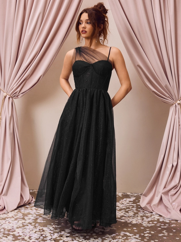 Mesh Asymmetrical Neck Glitter Corset Maxi Dress