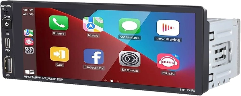 Autoradio 1 DIN avec CarPlay sans Fil Android Auto 6,9" Écran Tactile Bluetooth Prise en Charge de l'autoradio FM AM RDS Radio Mirror Link USB Type C Commande vocale Mémoire de Panne de Courant