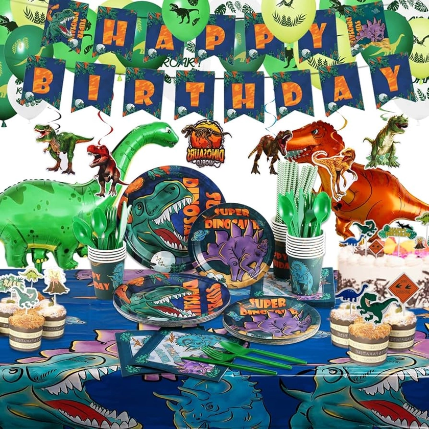 Amazon.com: Dinosaur Birthday Party Supplies Kit For Boys, Dinosaur Party Decorations-20 Guest-Include Dino Plates Cups Napkins Banner Cutlery Balloon Tablecloth Straws Toppers : Toys & Games