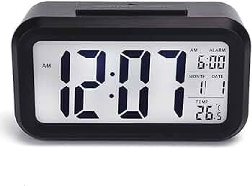 DTL Digital Alarm Clock LED Display with Temperature Big Larger LCD Digit Backlit Display Snooze Smart Brightness Sensor for Bedroom Home Office and Travel (Black)