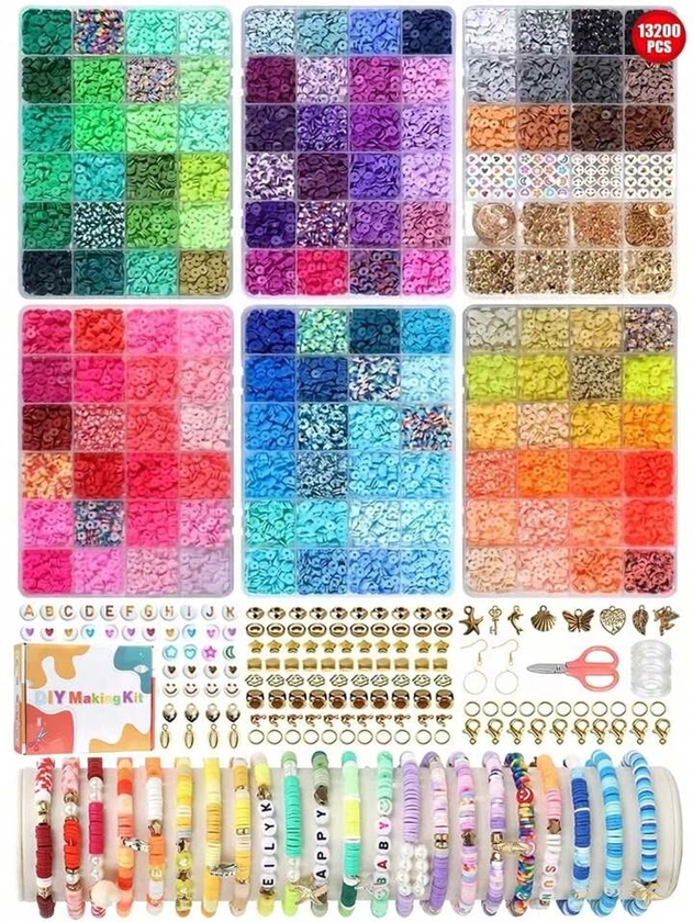 13200pcs Polymer Clay Bead Bracelet Making Kit For Friendship Jewelry, Includes Flat Preppy Beads, Polymer Heishi Beads And Charms Diy Craft Supplies