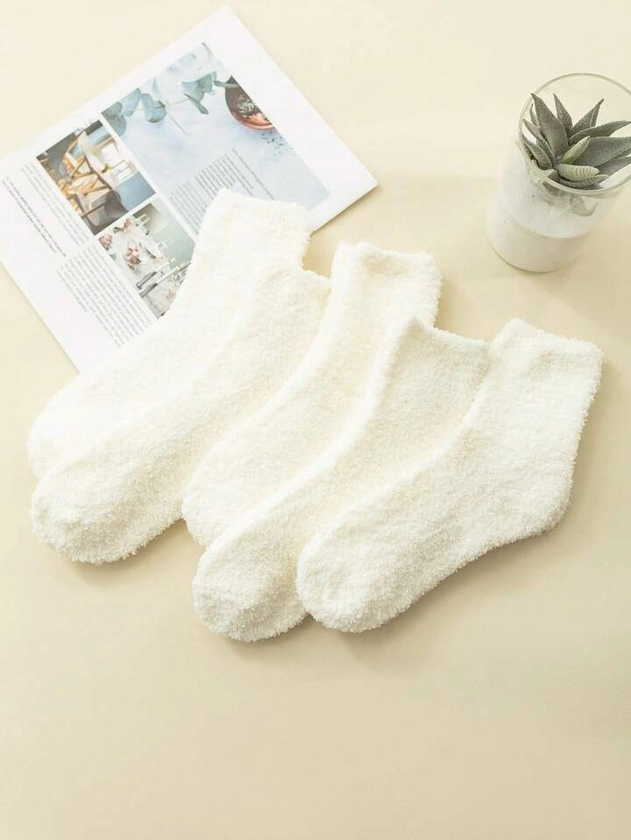 5 Pairs White Coral Velvet Socks For Women, Thickened Postpartum Maternity Long Fluffy Socks