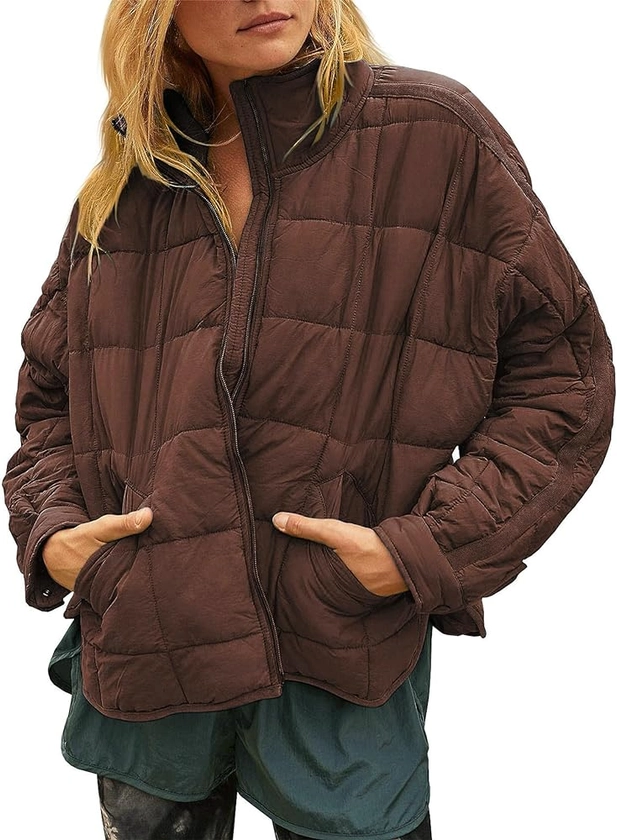 Womens Quilted Puffer Jackets Lightweight Zipper Short Padded Coat With Pockets