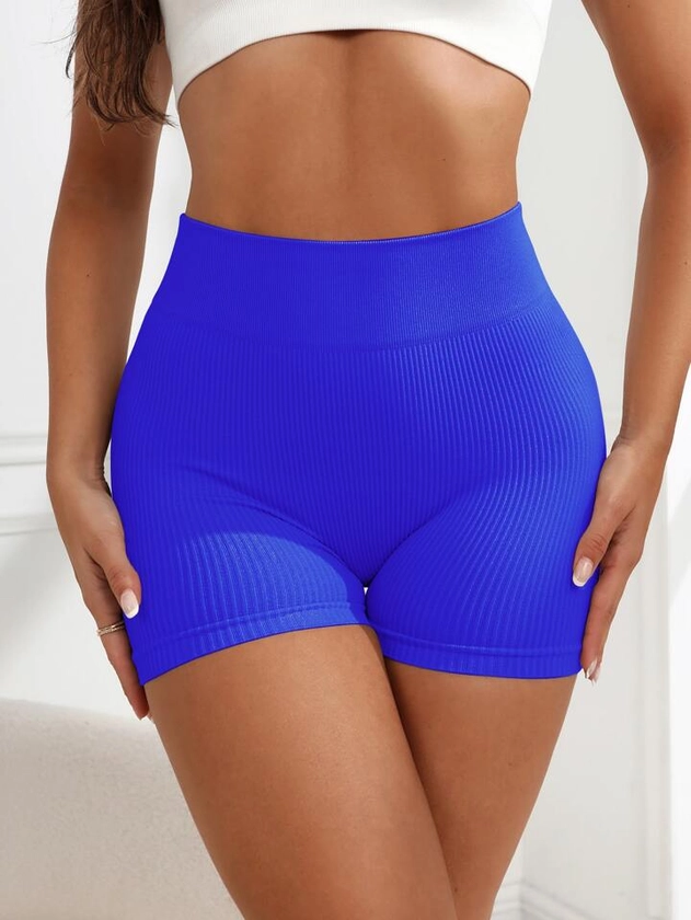Yoga Basic Solid Wideband Waist Ribbed Knit Sports Shorts