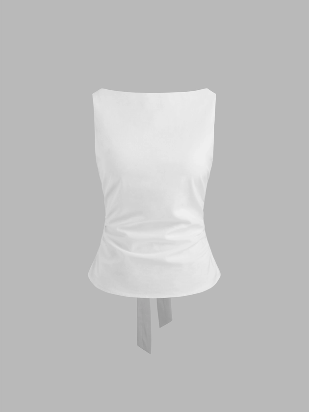 Linen-blend Cotton Linen-blend Boat Neckline Solid Bowknot Tank Top For Daily Casual