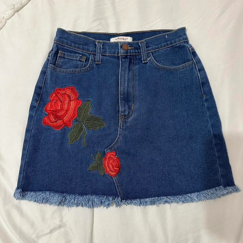 Dark wash denim skirt with embroidered rose... - Depop