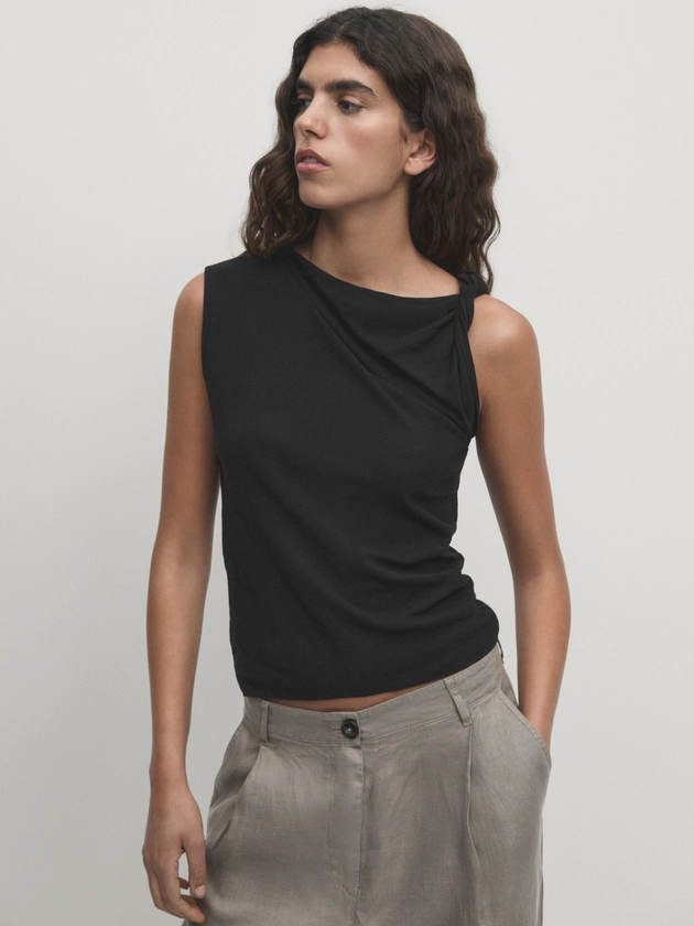 Cotton top with draped shoulder detail - Massimo Dutti United Kingdom