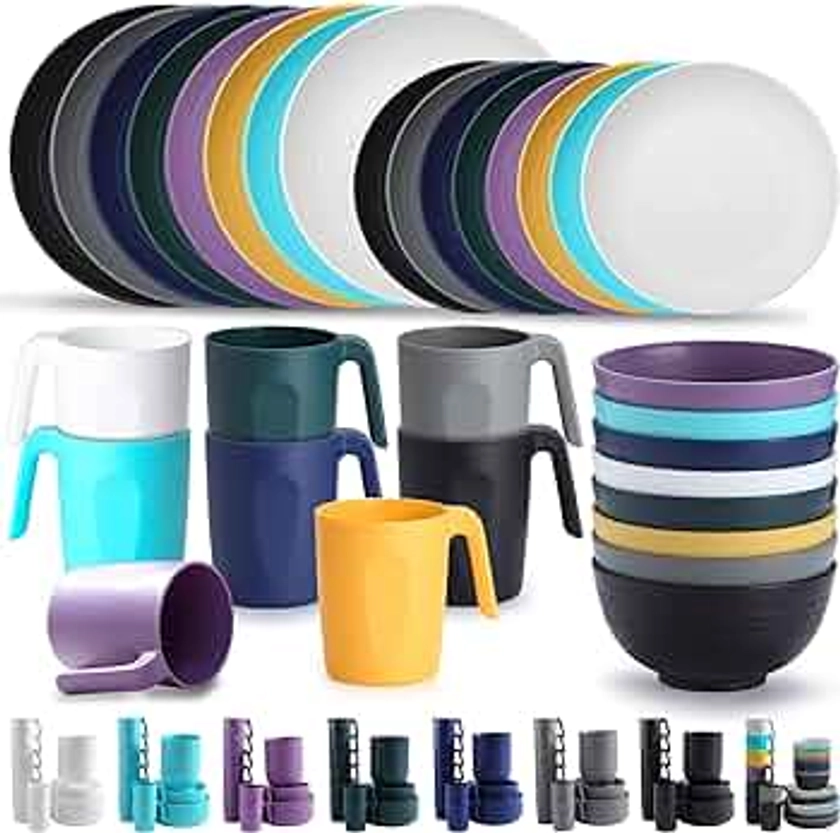 Kyraton Plastic Dinnerware Sets of 32 Pieces, Unbreakable And Reusable Light Weight Plates Mugs Bowls Dishes Easy to Carry And Clean Microwave Safe BPA Free Dishwasher Safe Service For 8