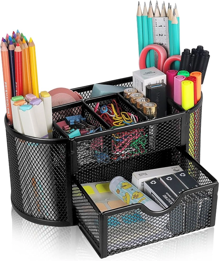 Banshou Desk Organizer Office Accessories,Mesh Desk Office Organizer with Drawer and 8 Compartments 8.66x 4.33x 4.05inch,For Office,Home,School,Classroom,kitchen(Black)