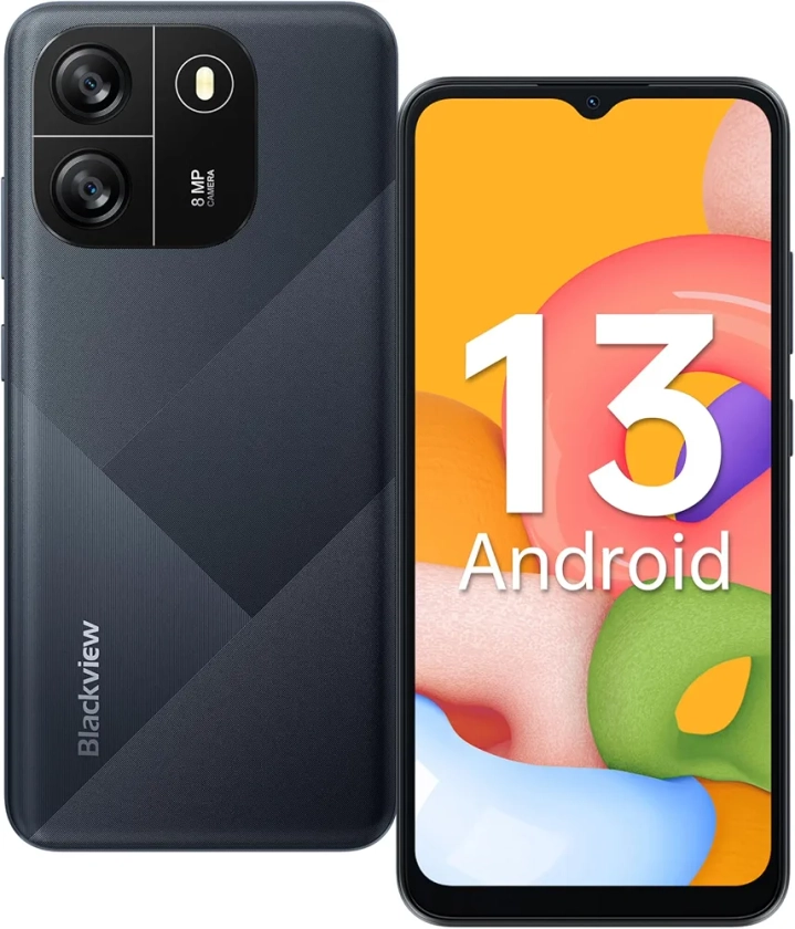 Blackview WAVE 6C Android 13 téléphones portables débloqués, Écran 6.5" Smartphones Pas Cher 4G, 4Go+32Go/SD-1To, Batterie 5100mAh, Octa core, 8MP+5MP/Double SIM/Face ID/GPS/2Ans de Garantie-2024 Noir