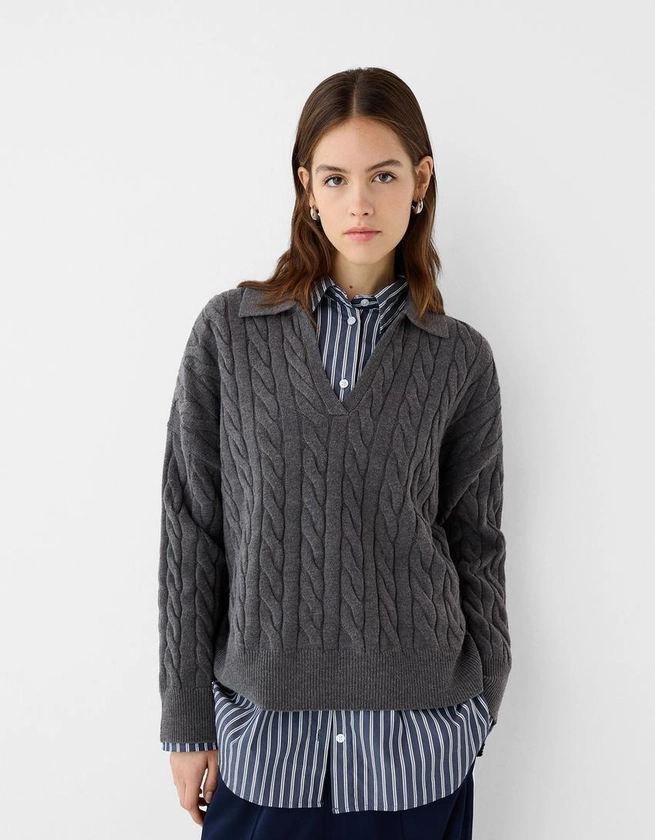 Pull col polo oversize tressé - Femme