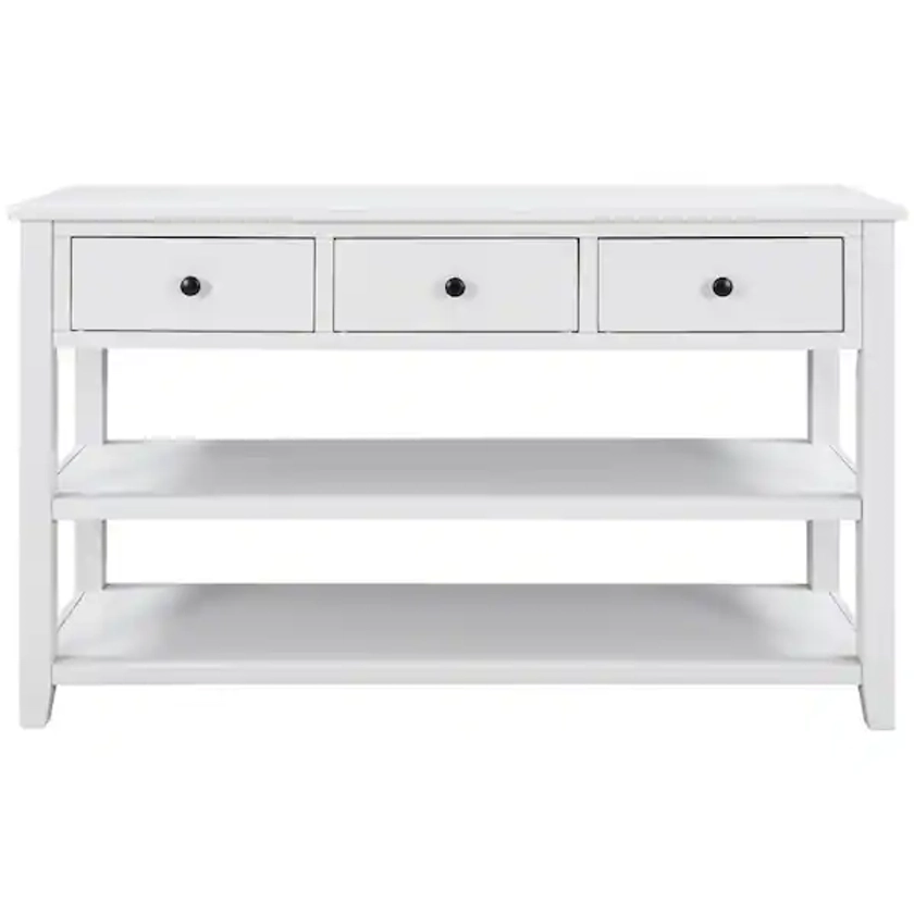 Retro and Modern Design 50 in. White Rectangle Pine Console Table with 3 Top Drawers and 2 Open Shelves