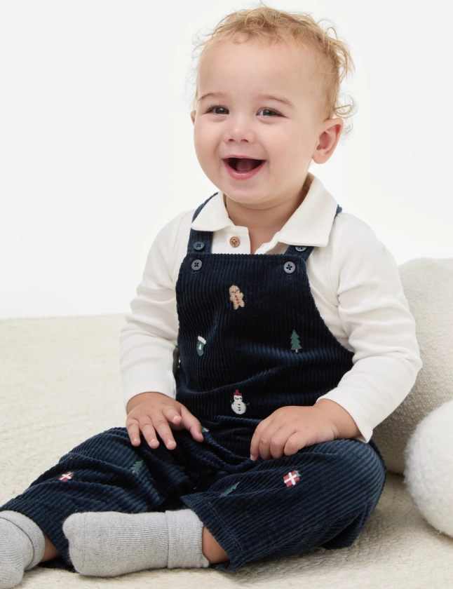 2pc Cord Christmas Dungaree Outfit (0-3 Yrs) | M&S Collection | M&S