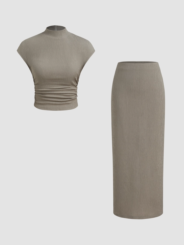 High Neck Solid Texture Ruched Tank Top & Mid Rise Solid Texture Split Maxi Skirt