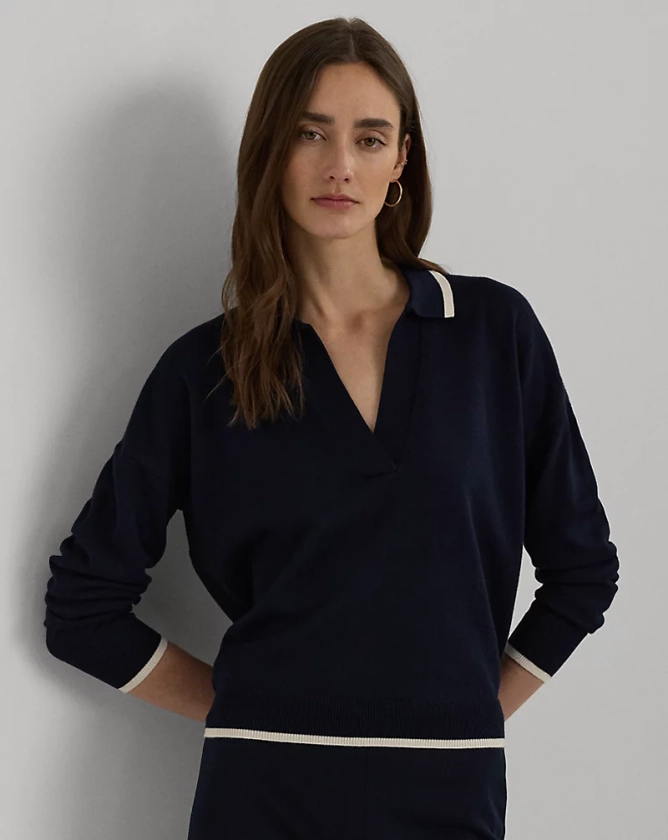 Two-Tone Cotton-Blend Polo Sweater