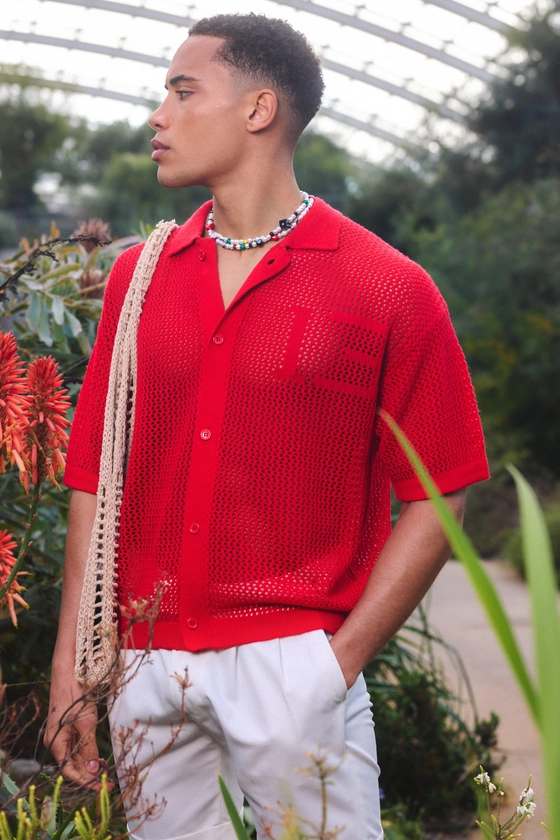 Short Sleeve Boxy Open Stitch Varsity Knit Shirt In Red | boohooMAN UK