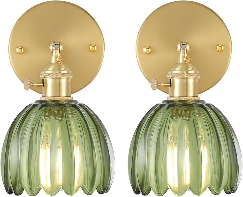 Vintage Wall Sconces Set of 2 with Green Tulip Glass Lampshade 180 Degree Adjustable Brass Sconces Hradwired Modern Wall Lighting Fixture with Switch for Bedside Bedroom Doorway