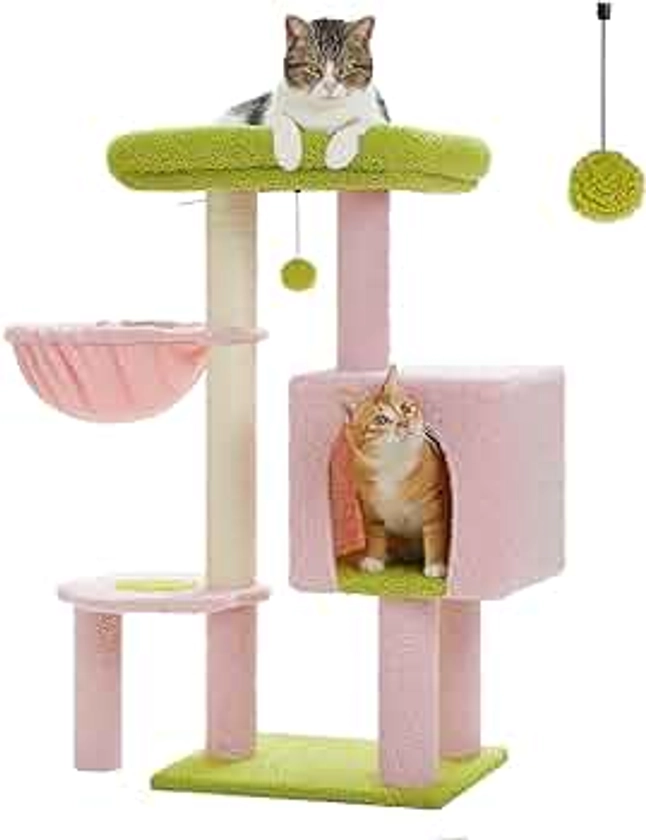 MUTTROS Flower Pink Cat Tree, 35.4" Cute Cat Tower Cat Condo for Indoor Cats w/Large Padded Perch, Cat Scratching Post, Comfy Hammock, and Dangling Ball, for Small-Medium Cats, Green