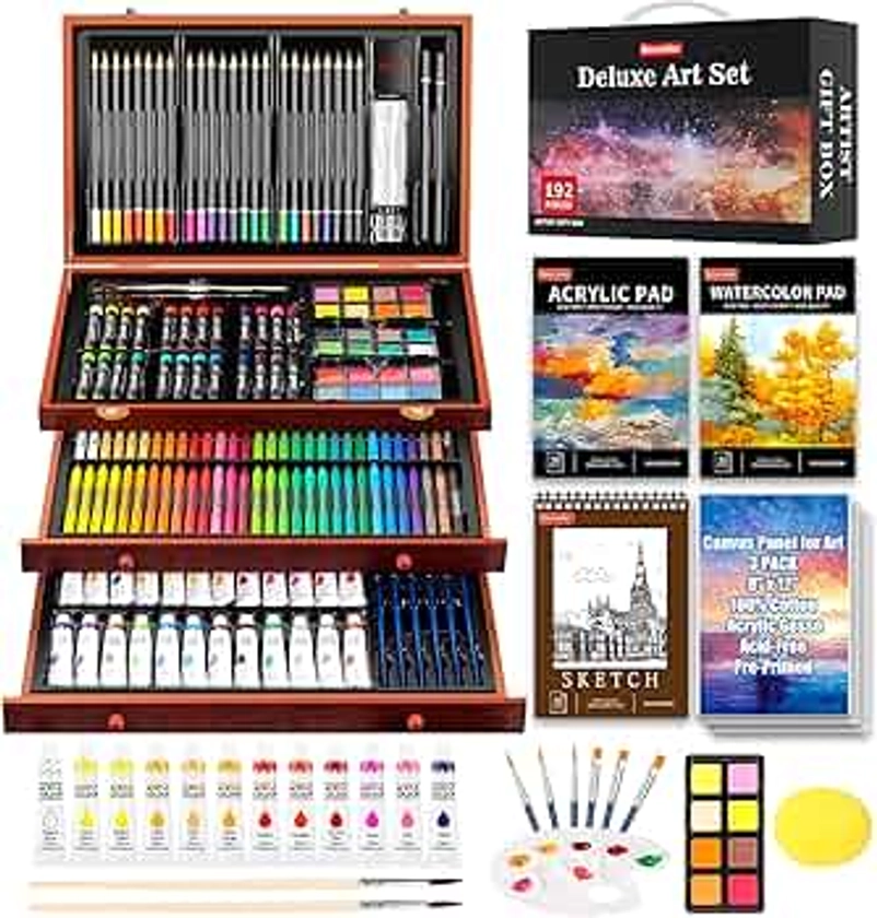 Soucolor Art Supplies, 192-Pack Deluxe Art Set Drawing Painting Supplies Art Kit with Acrylic Pad, Watercolor Pad, Sketch Book, Canvases, Acrylic Paint, Crayons, Pencils, Gifts for Artists Adults Kids