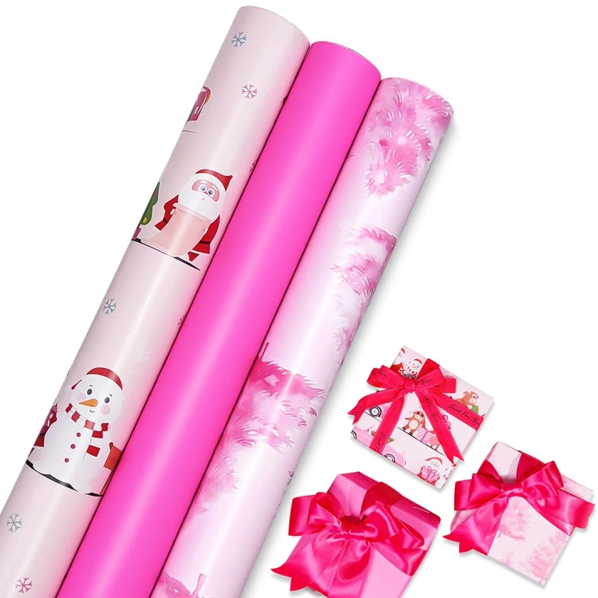 Christmas Wrapping Paper Rolls, Pink Kraft Paper, 3 Rolls, 42 sq ft-Santa Claus and Christmas Tree