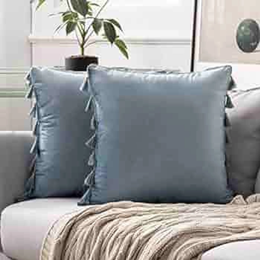 MIULEE Pack of 2 Velvet Soft Solid Decorative Throw Pillow Cover with Tassels Fringe Boho Accent Cushion Case for Couch Sofa Bed 18x18 Inch Light Blue.