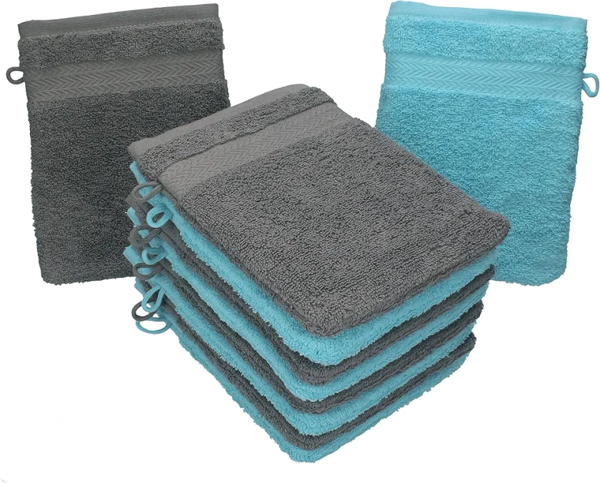 Betz Lot de 10 Gants de Toilette Taille 16x21 cm 100% Coton Premium Couleur Turquoise, Gris Anthracite