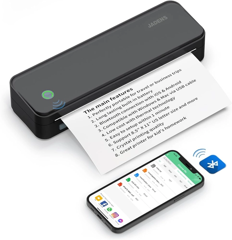 Amazon.com: JADENS Bluetooth Thermal Printer, Support 8.5" X 11" US Letter, Portable Printers Wireless for Travel, Inkless Printer Compatible with iOS, Android, Mobile Printer for Home, Office, School : Everything Else