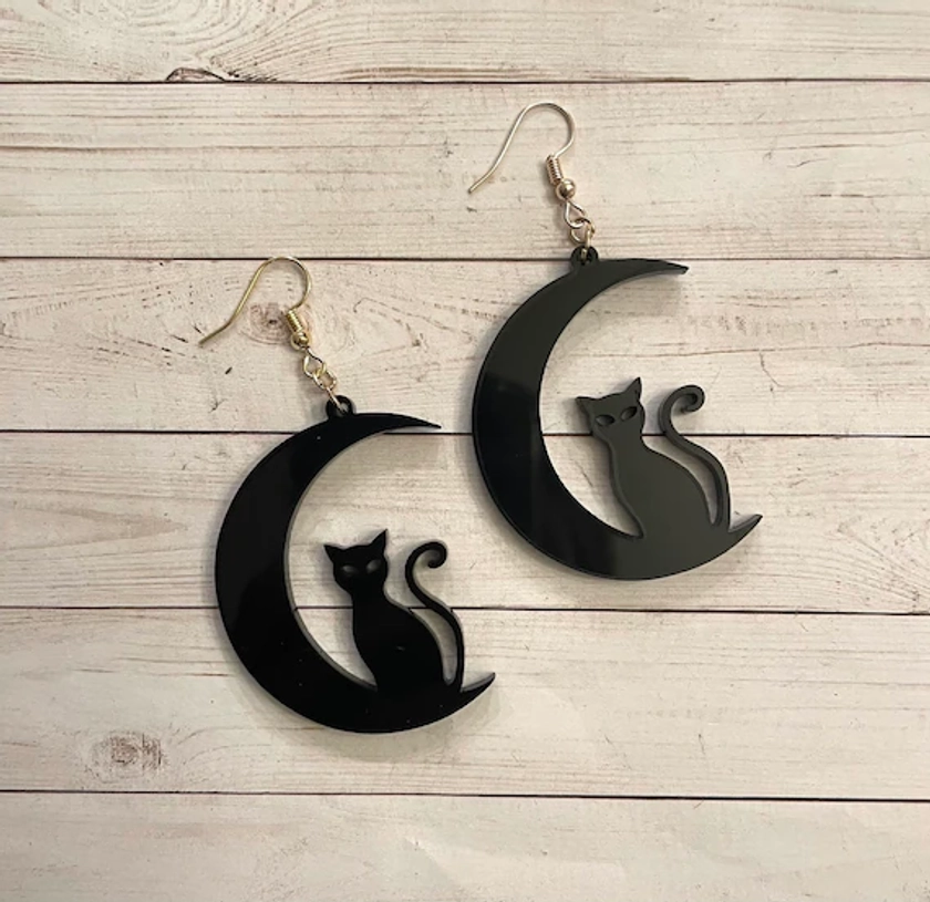 Cat Earrings - Spooky Earrings - Halloween Earrings - Witchy Earrings - Witch Earrings - Moon Earrings