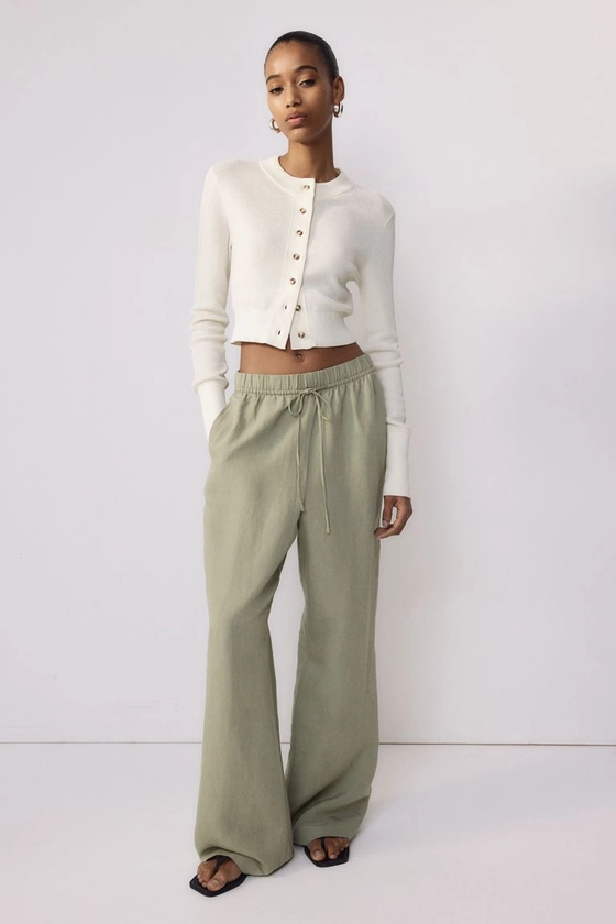Pantalon en lin mélangé avec taille élastique - Vert kaki clair - FEMME | H&M FR
