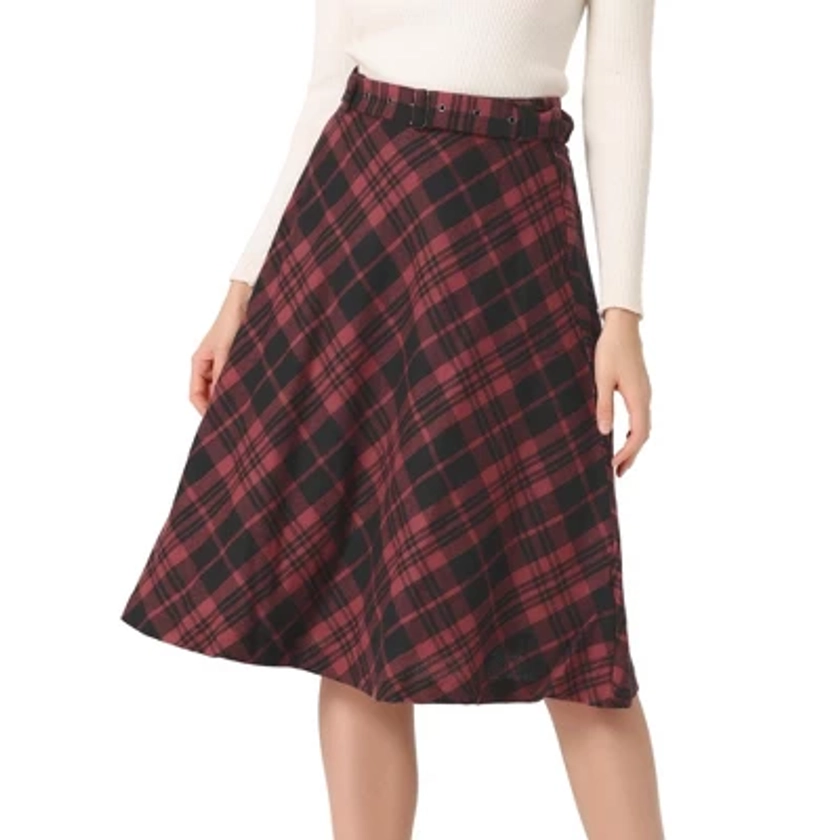 Allegra K Women's Tartan Plaid High Waist Belted Vintage A-Line Midi Skirt Black Red Small