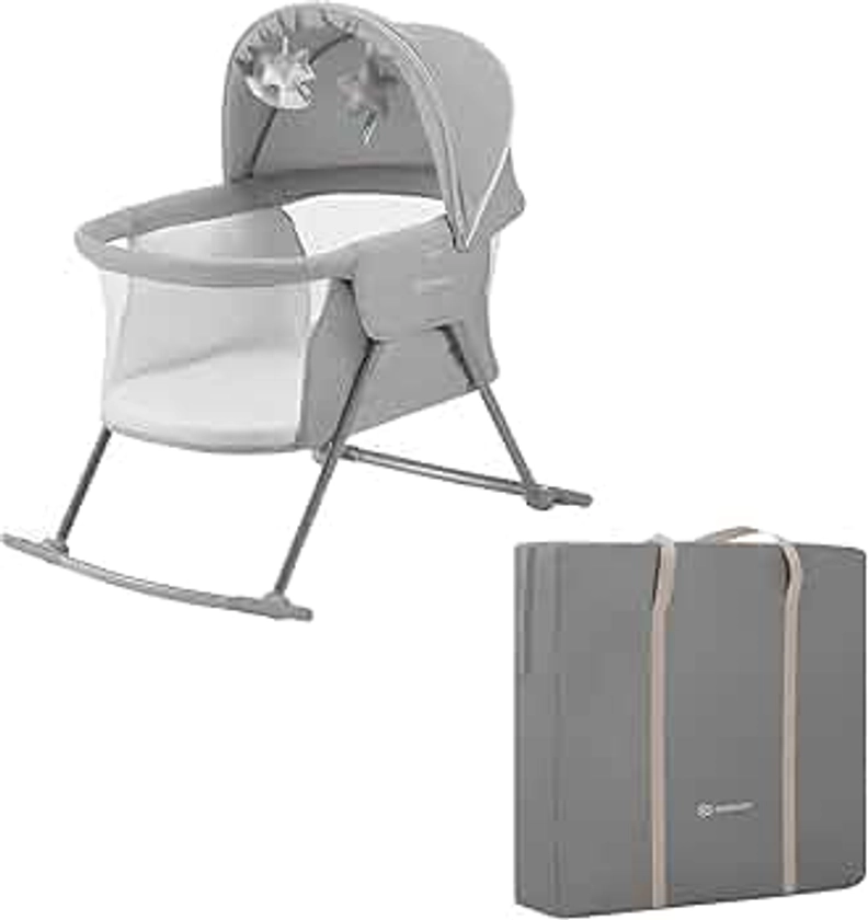 Kinderkraft LOVI Lit bébé 3 en 1, Berceau bébé, Lit parapluie, avec Matelas Sac de Transport Moustiquaire, 2 jouets doux inclus, Grande capote réglable, Circulation de l'air, Gris