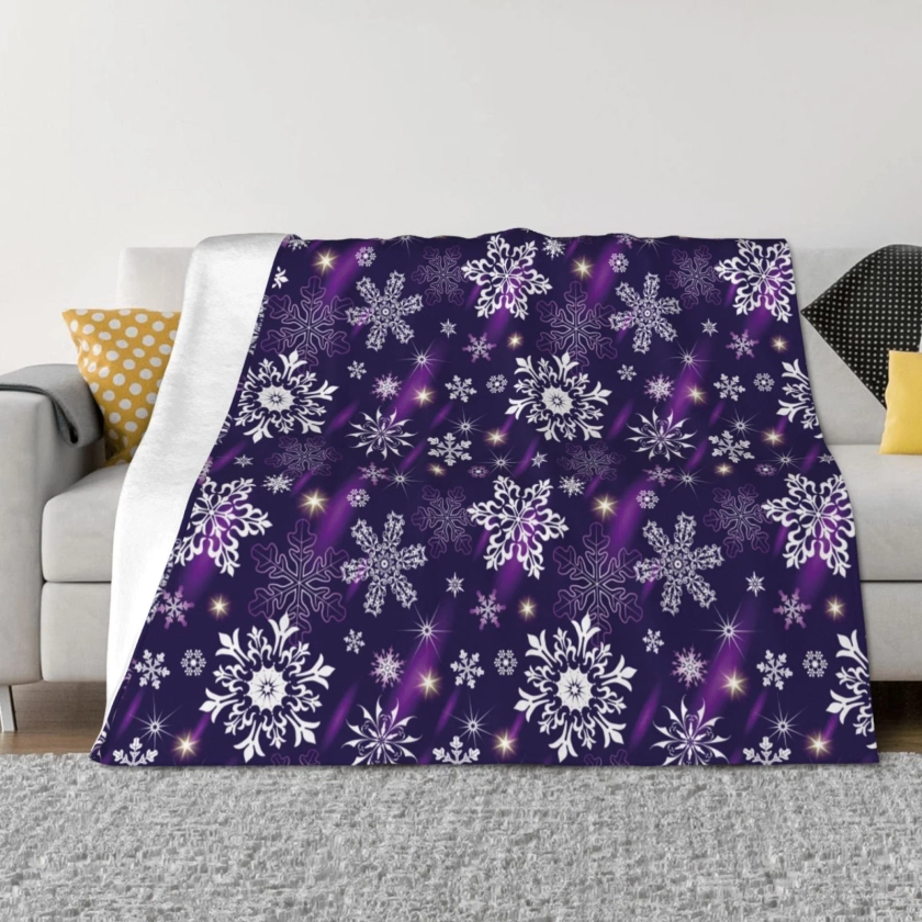 Qokaie Christmas Purple Snowflakes Drawing Flannel Blanket , Luxurious Ultra Soft and Warm, Anti-Pilling, Wrinkle-Resistant Throw for Bed, Sofa, Camping-40"x30"(Horizontal style)