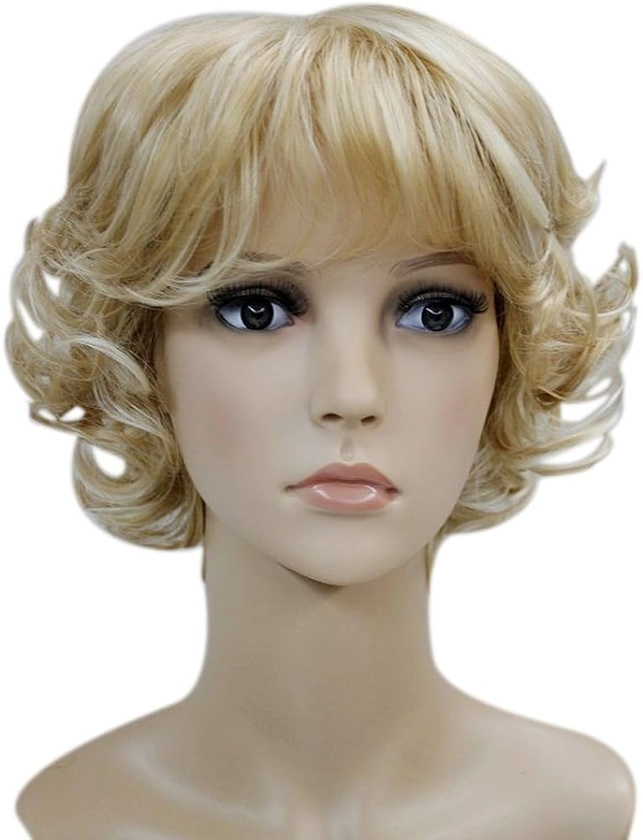 Kalyss Golden Blonde Short Curly Wigs with Hair Bangs for Women Heat Resistant Natural luster Synthetic 70’s Look Full Hair Wigs for Women(10" Blonde)