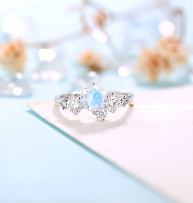 Moonstone engagement ring art deco moissanite White gold ring | Antique cluster unique wedding ring | Unique Bridal ring | Anniversary ring