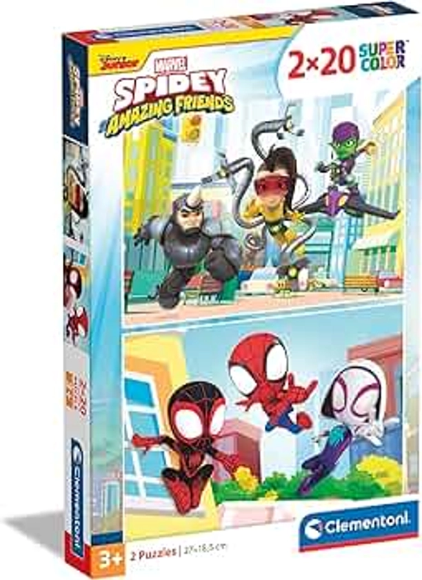 Clementoni 24794 2x20pzs Spiderman Supercolor Marvel Spidey and His Amazing Friends-2 X 20-Piece Jigsaw Puzzle for Kids Age 3, Multicolor, Medium