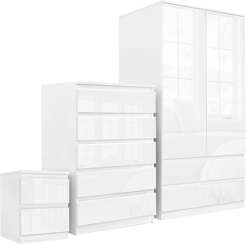 Blisswood High Gloss Bedroom Wardrobe sets with 2 Door Wardrobe 5 Drawer Chest of Drawers + 2 Drawer Bedside Table Cabinet Bedroom Set for 3 Piece Bedroom Storage furniture Set, White : Amazon.co.uk: Home & Kitchen