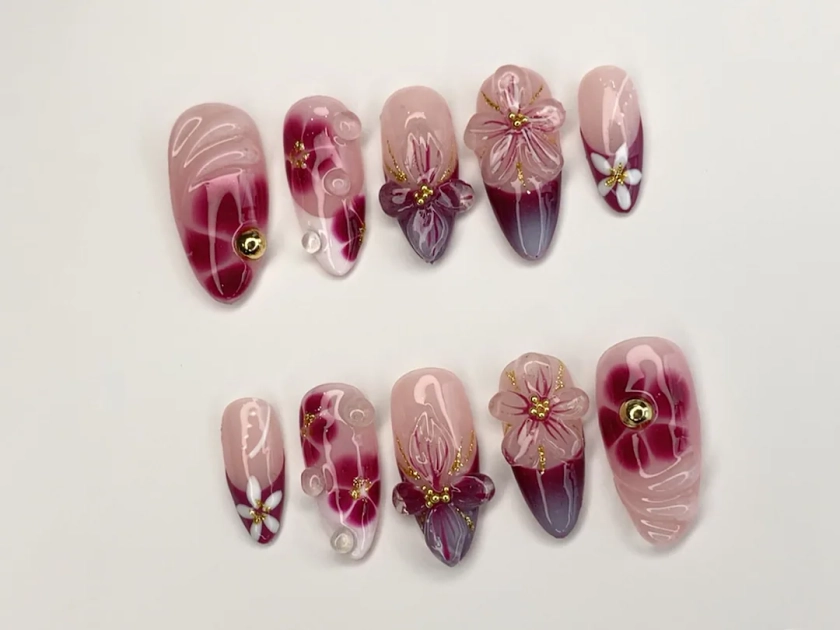 Elegant Floral Press-On Nails | Handcrafted Pink - Burgundy Gradient |3D Flowers - Rhinestone Accents| Perfect for Special Occasions|JC349SL