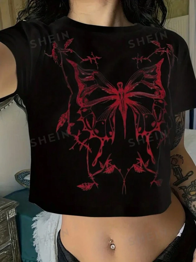 SHEIN EZwear Camiseta Casual De Manga Corta Con Cuello Redondo Y Estampado De Mariposas